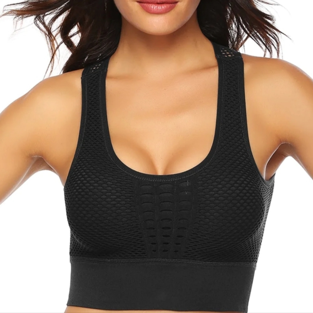 DANIKA S MESH BACK BLACK HALTER SHREDDED SPORTS BRA